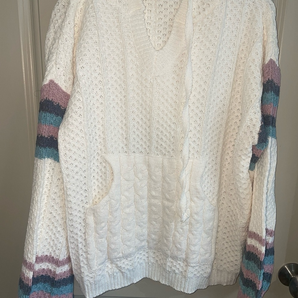 Fred Mello Cream V-Neck Sweater with Multicolor Stripes
